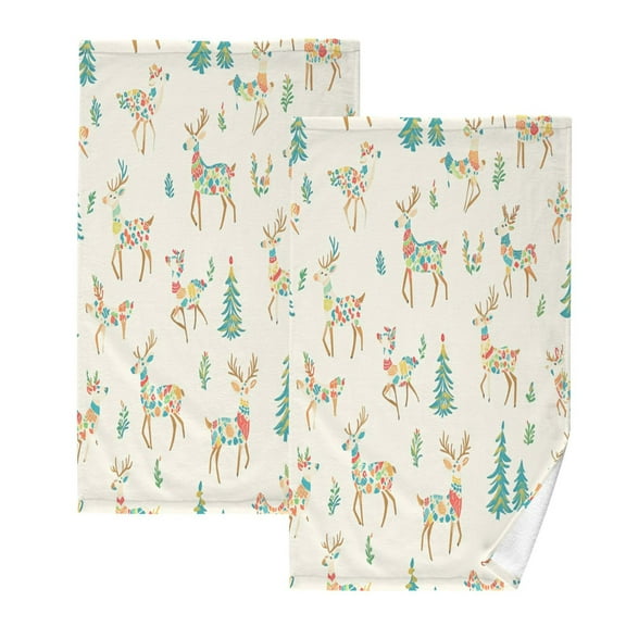 Reindeer Pattern Set of 2 Pure Cotton Towels, 16'' x 28'', Highly Absorbent and Soft