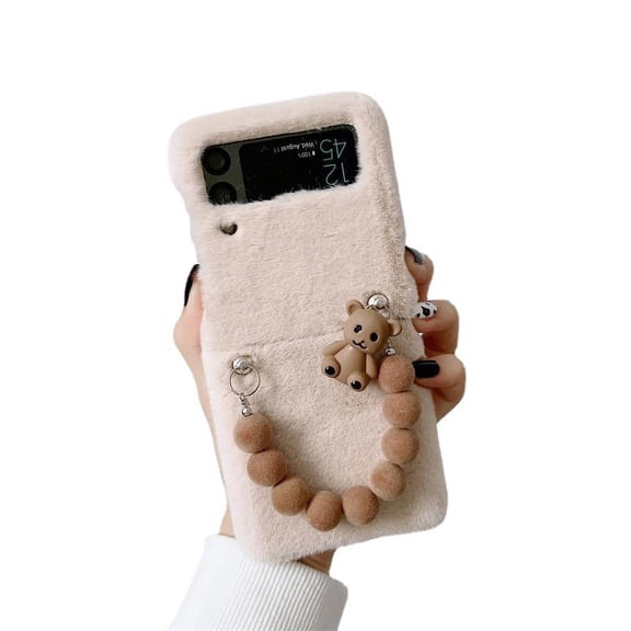 Cute Bear Case Compatible with Samsung Galaxy Z Flip 3 with Strap Chain Furry Fluffy Plush Case for Women Girls-White