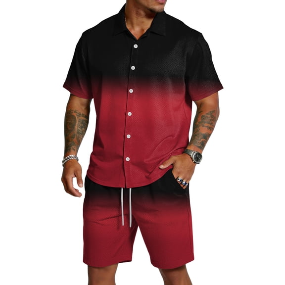 Hearthz Men's 2 Piece Short Sets Gradient Print Short Sleeve Button Down Shirt and Shorts Set Summer Casual Tracksuit with Pockets