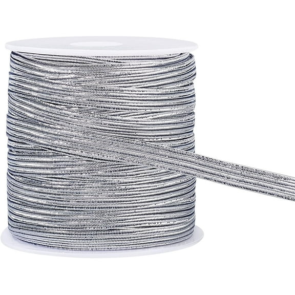 27 Yard Glitter Metallic Elastic Strap 1/4 Inch Silver Flat Nylon Elastic Cords for Bowknot Making Garment Accessory Sewing Gift Wrapping diy Silver