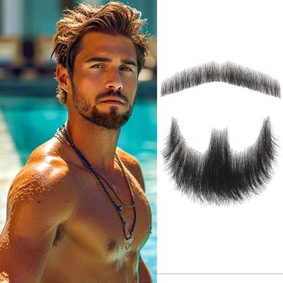 Alinyasha Barba Falsa Realista Cabello Humano Atado a Mano Barba Falsa Encaje Invisible Bigote Falso para Halloween Vestir Hombres Maquillaje Entretenimiento/Drama/Fiesta/Película Prop (Negro)