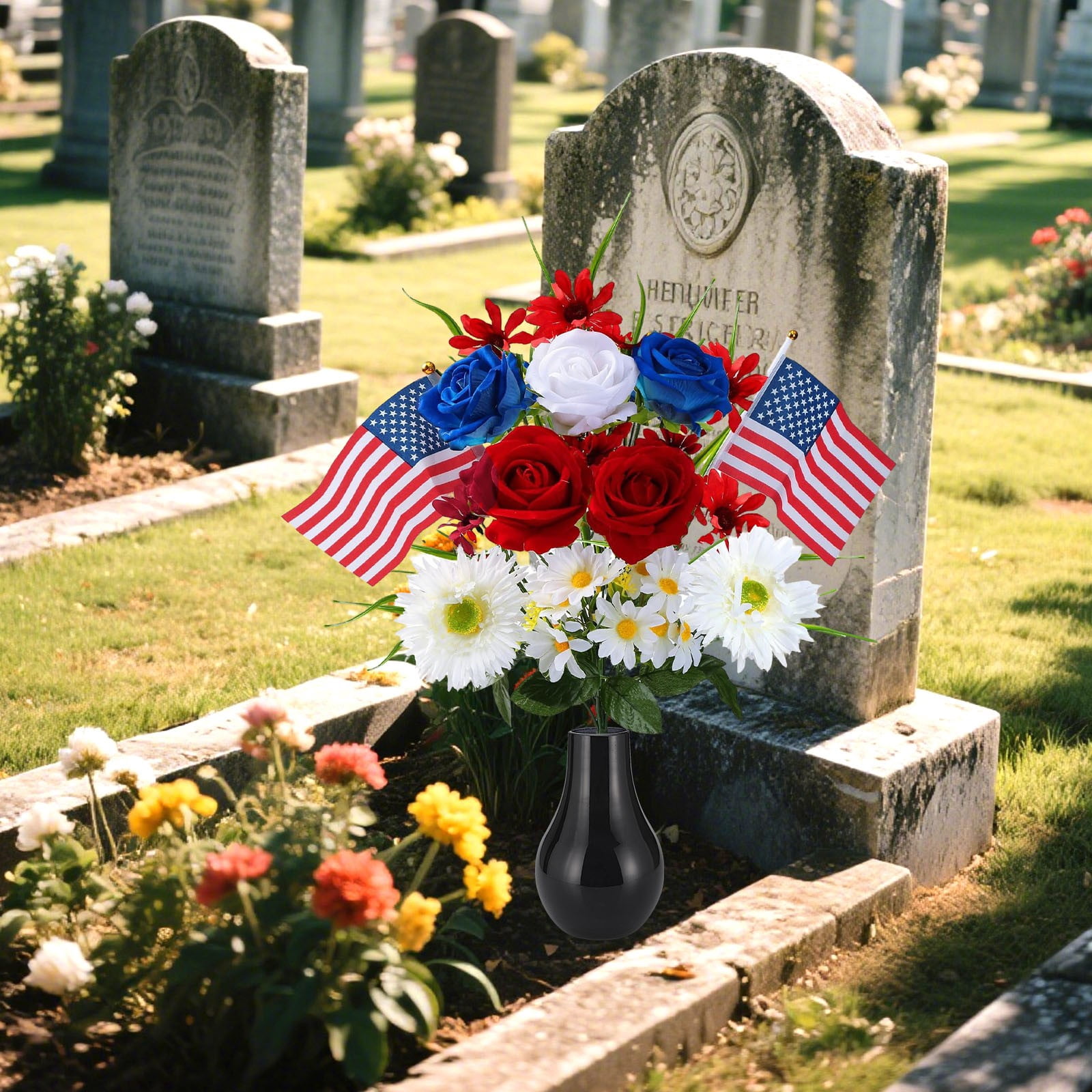 Patriotic Artificial Flowers,Mixed Bush Memorial Day Flower - Red White Blue Flowers Patriotic Memorial Bouquet - 4th of July Flowers for Home Decor,Cemetery, Silk Floral Arrangement,Table  Indoor