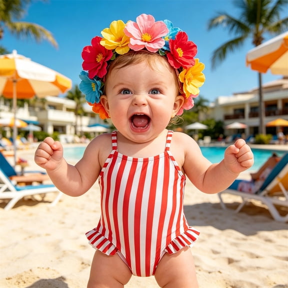 Krdevn Baby Girls' Red White Striped One Piece Swimsuit Ruffle Hem Bathing Suit Size:9-12 Months