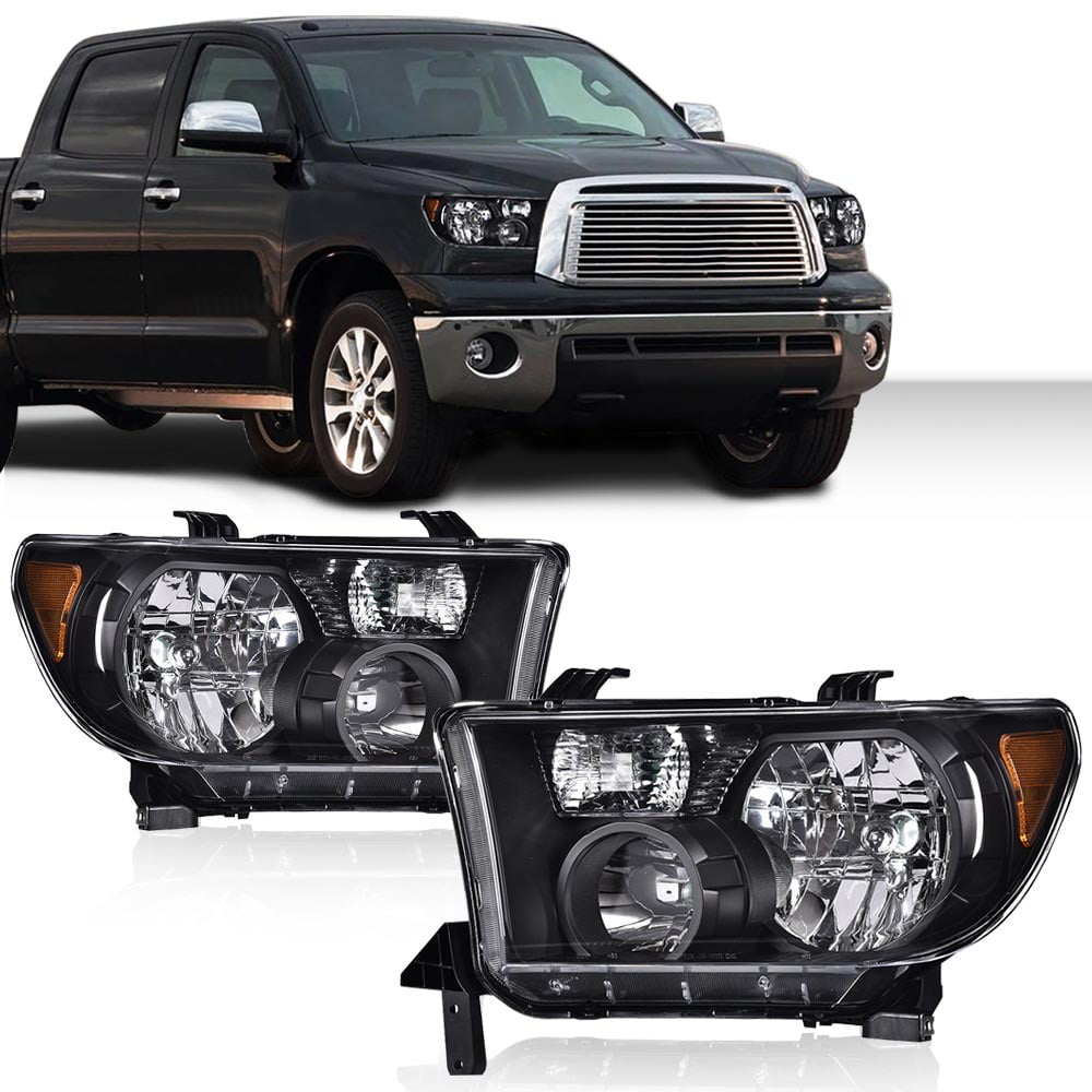 CROSSDESIGN Pair Black High/Low Beam Headlights Fit for Toyota Tundra 2007-2013/Sequoia 2008-2017