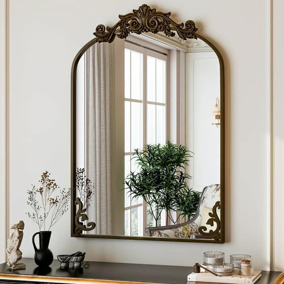 Easy4Home 24"x38" Arched Baroque Style Bathroom Mirror Vintage Decorative Wall Mirror, Antique Bronze