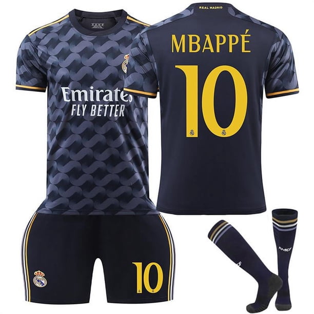 2324 Camiseta de fútbol visitante del Real Madrid No. 7 Vinicius 5 Bellingham 10 Modric conjunto de camisetas para niñosMbappé talla 10 con calcetines a juego