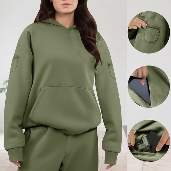 JUSLIO Womens Tops Relaxed Fit Hoodies Sweatshirts with Pockets Long Sleeve Sweatshirts Army Green L