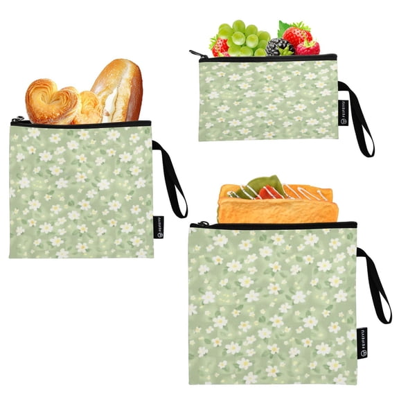 3 Pack Reusable Food Storage Bags Eco-Friendly Food-Grade EVA Film Material Suitable for Lunches Picnics Travel and Work Clear White Flowers