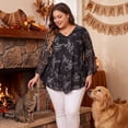 thumbnail image 3 of GRACE & GRANDEUR Women's Plus Size V Neck Mesh Blouse Flowy Double Layer 3/4 Sleeve Tunic Top 1X Black, 3 of 8