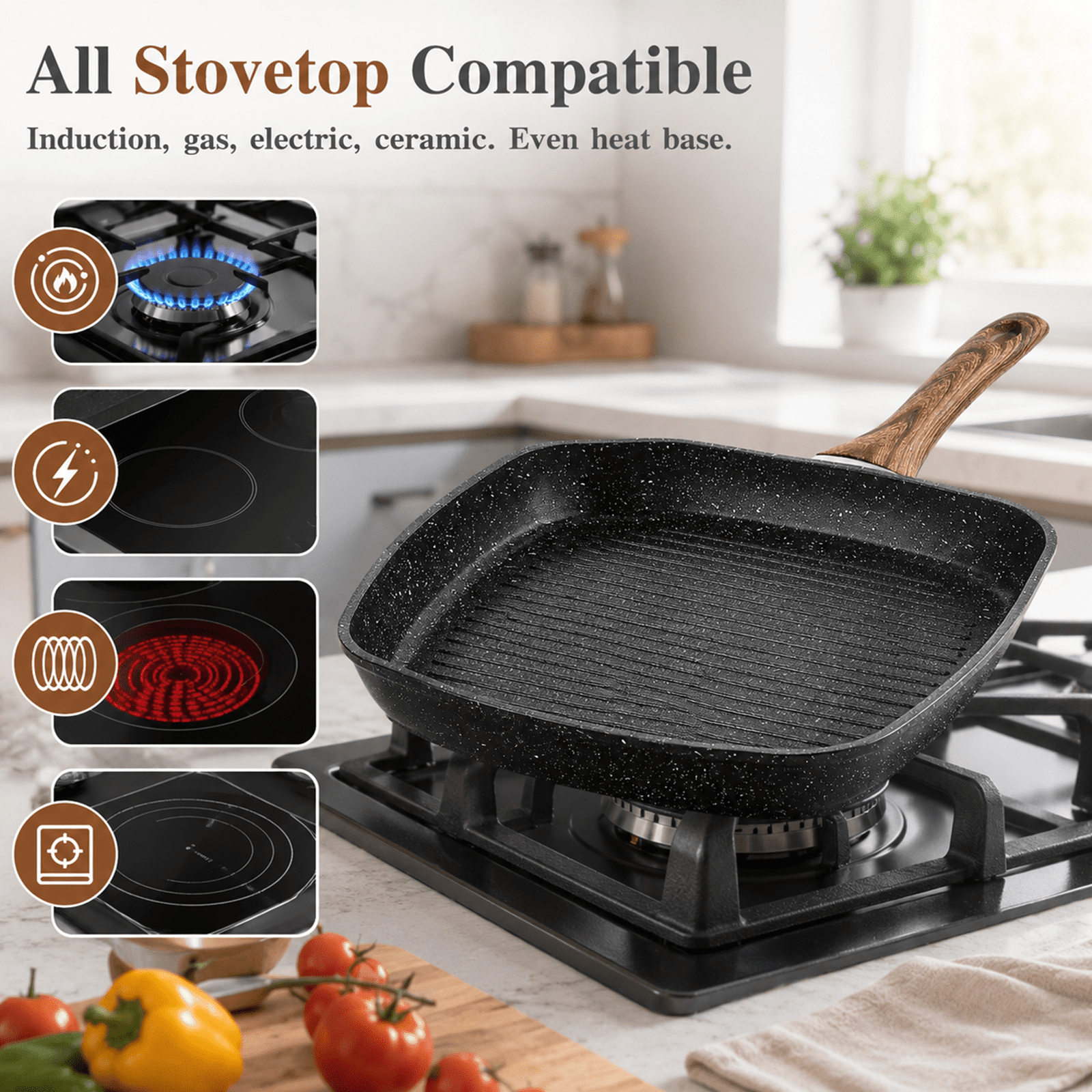 Alvantor 3-Piece Square Grill Frying Pan Set,9.5-11 Inch Induction with Stay Cool Handle,Compatible with All Stovetops