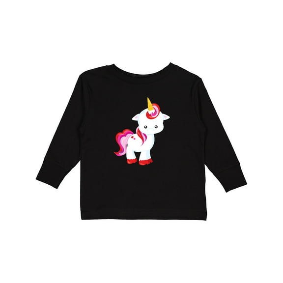 Inktastic Cute Little Unicorn With Red And Pink Mane, Hearts Girls Long Sleeve Toddler T-Shirt