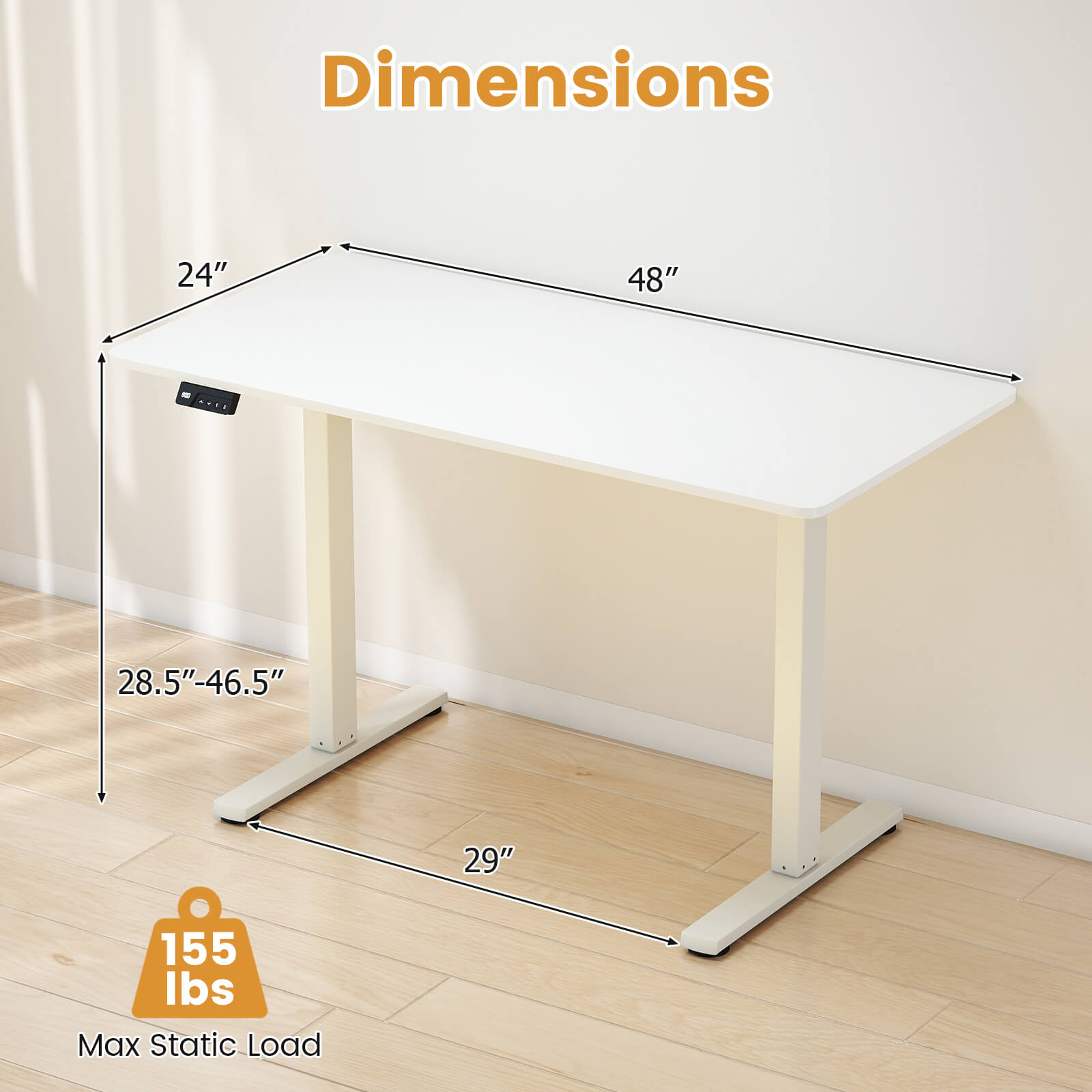 Costway 48” x 24” Electric Standing Desk with LED Display 2 Memory Height Settings for Home White