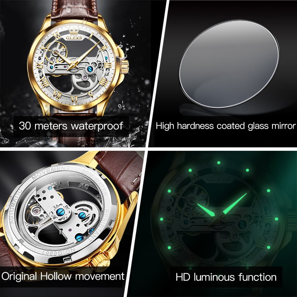 OLEVS Automatic Watches for Men Skeleton Brown Leather Band Large Face Self Winding Mechanical Mens Dress Watches Waterproof Easy to Read Luminous Business Casual Mens Wrist Watches Reloj Para Hombre