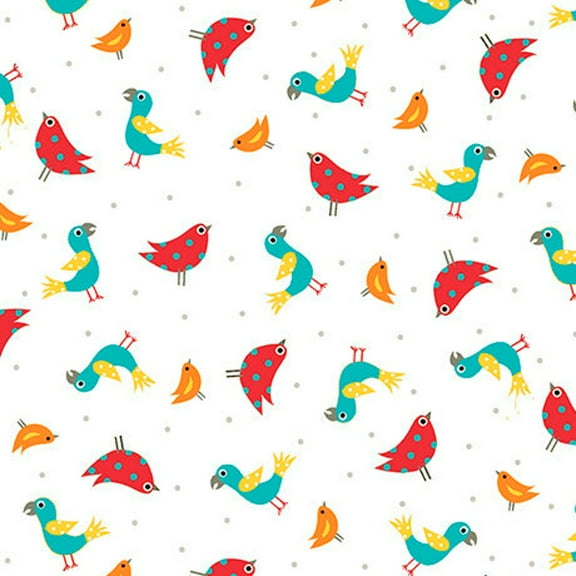 "On The Road" Birds White 100% Cotton Fabric Sold by the Yard