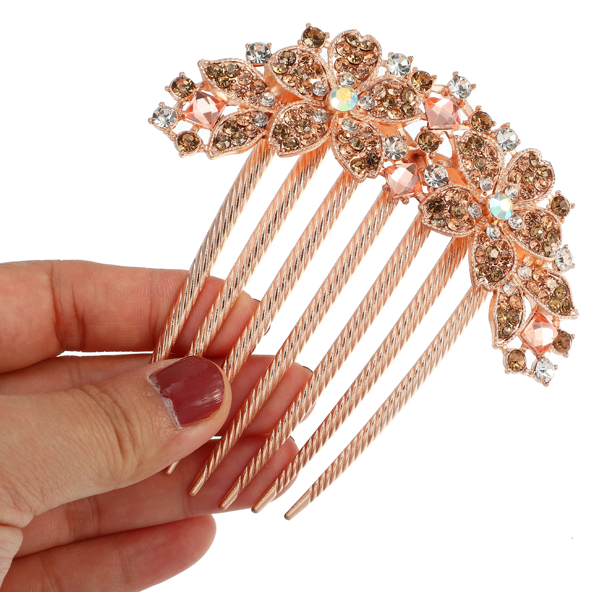 Unique Bargains Women Rhinestone Inlaid Flower Hair Comb Champagne