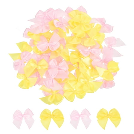 100Pcs Mini Ribbon Bow 1" Mini Fabric Satin Ribbon Flower Bows for Craft DIY Sewing Wedding Birthday Party Pink & Yellow