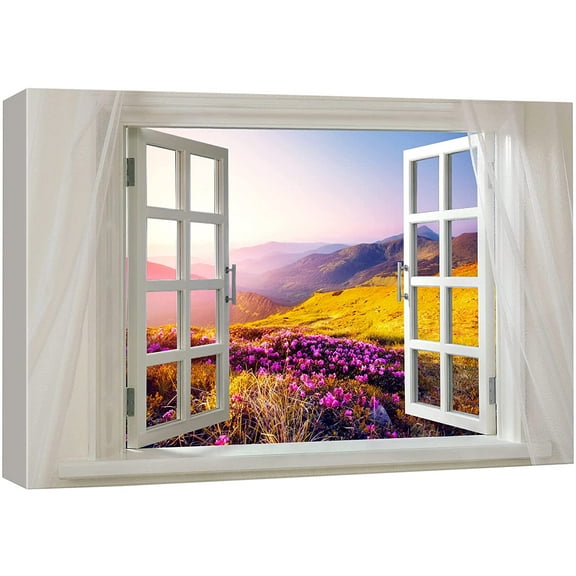Glimpse into Mountain Valley Landscape in Spring Out of Open Window Canvas Wall Art Stretched Canvas Prints | Giclee Printing Ready to Hang - 16"x24"