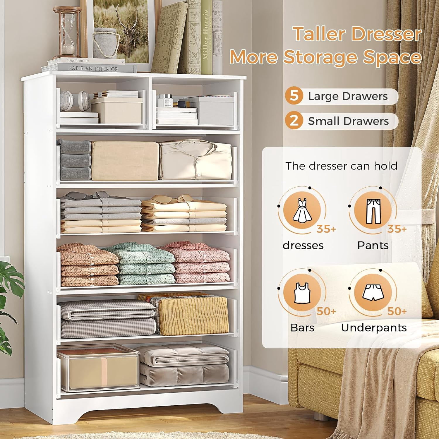 Aunfebrco White Dresser with 7 Drawers for Bedroom Vertical Chest of Drawers with Metal Handle 55.7" Tall Dresser Storage Cabinets for Living Room