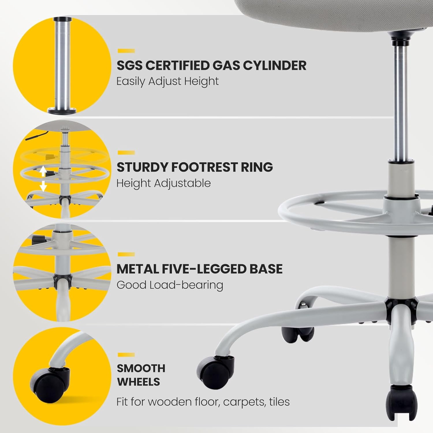 Nextay Tall Drafting Chair - Ergonomic Office Stool with Flip-Up Arms, Footrest & Lumbar Support