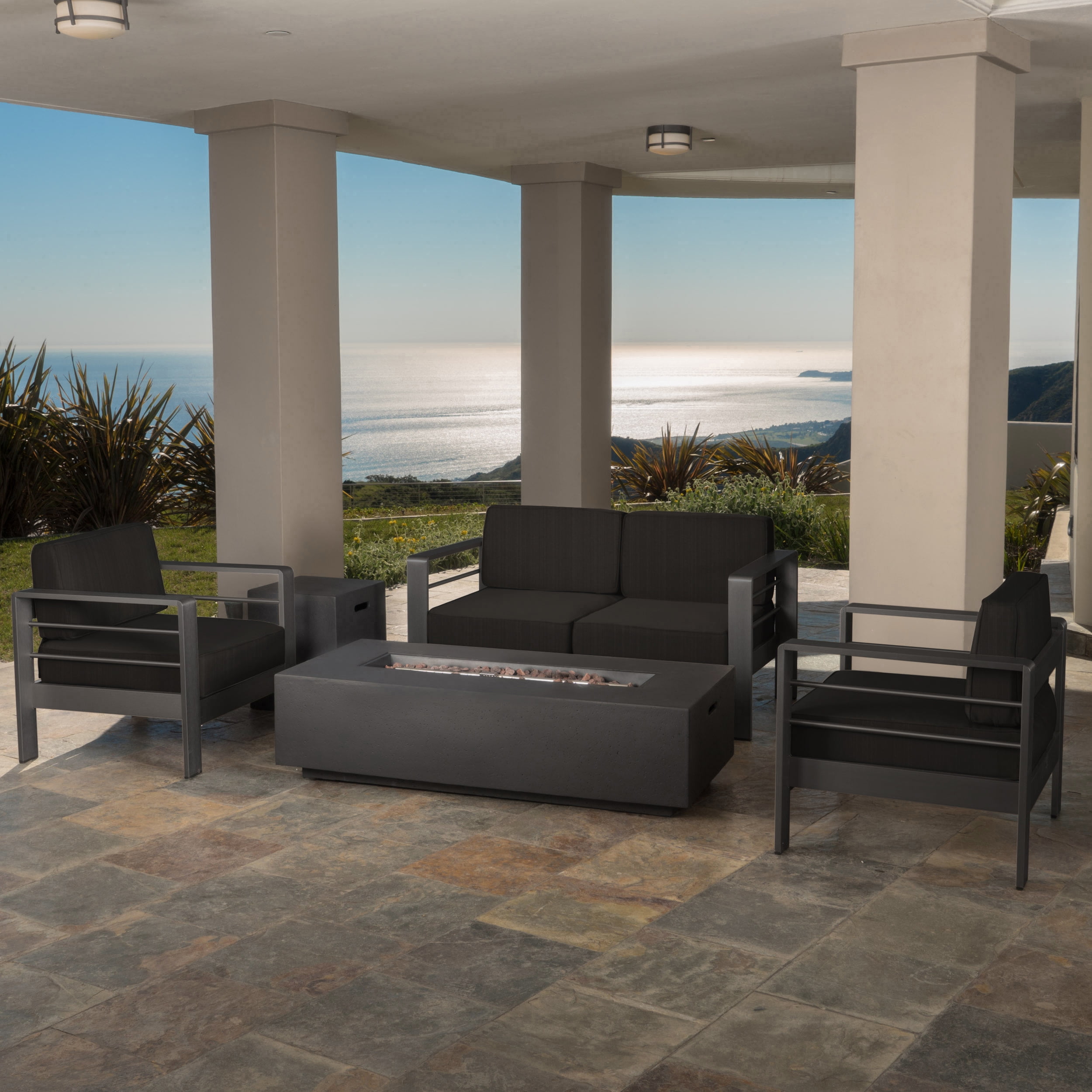 Noble House 5-Piece Aluminum Water Resistant Outdoor Chat Sets, Dark Gray