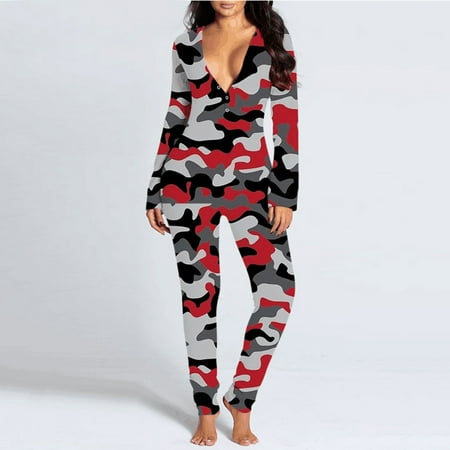 

MIARHB Ladies Casual Long-sleeved Printing Detachable Button Flap Adult Pajamas One-piece Wine S