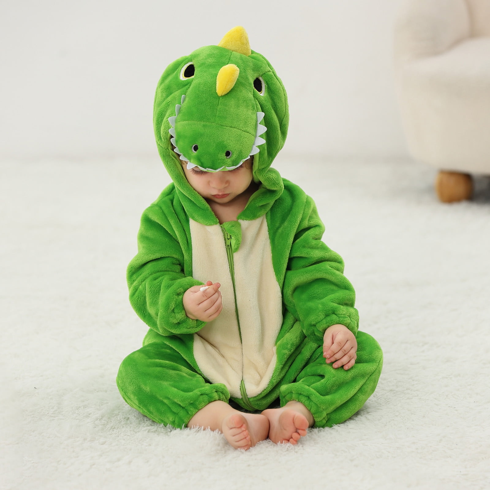 FFENYAN Cute Green Dinosaur Baby Onesie Long Sleeve Flannel Romper Unisex Soft Cozy Outfit for Infants Perfect for Playdates and Everyday Wear for 3 Months-3 Years