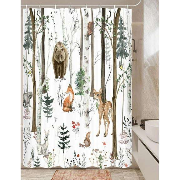Rustic Forest Shower Curtain for Bathroom, Country Hunting Bear Deer Wild Animals Farmhouse Lodge Country Shower Curtain, Rustic Cabin Shower Curtain for Travel Trailer, Hooks Include 47x64 inch
