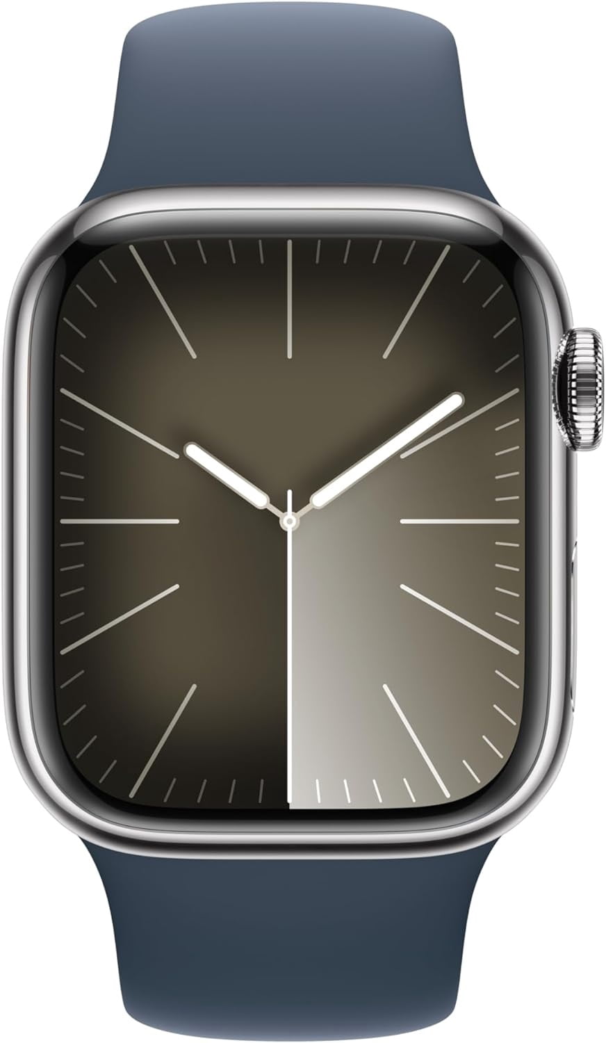Apple Watch Series 9 [GPS + Cellular 45mm] Smartwatch with Silver Stainless Steel Case and Storm Blue Sport Band - M/L. Fitness Tracker, ECG Apps, Always-On Retina Display, Water Resistant