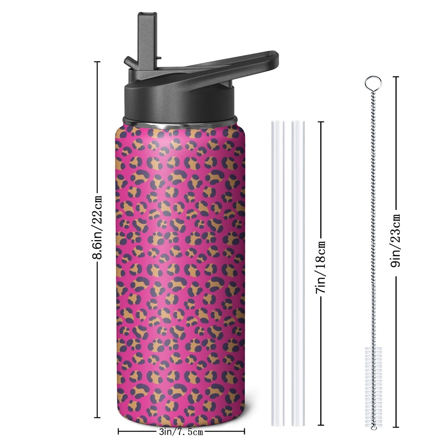 Leopard Print Insulated Stainless Steel Water Bottle with Straw & Cleaning Brush – 18 Oz | Leakproof, BPA-Free, 304 Stainless Steel, Wide Mouth, Travel Mug for Car, Gym, Office