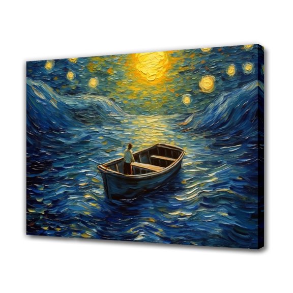 A Lonely Man Rowing At Night Canvas Poster Bedroom Decor Sports Landscape Office Room Decor Gift,Frame-style,24x36inch(60x90cm)