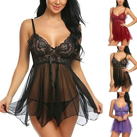 

Hopeup 2 Pcs/Set Lady Pajamas See-through Lace Mesh Comfortable Women Sleepwear for Sleeping