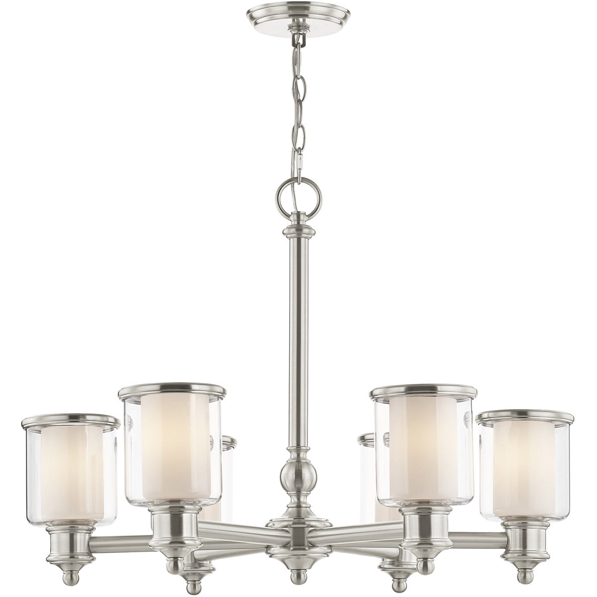 6 Light Brushed Nickel Chandelier with Clear Glass & Satin Opal White Glass Shade