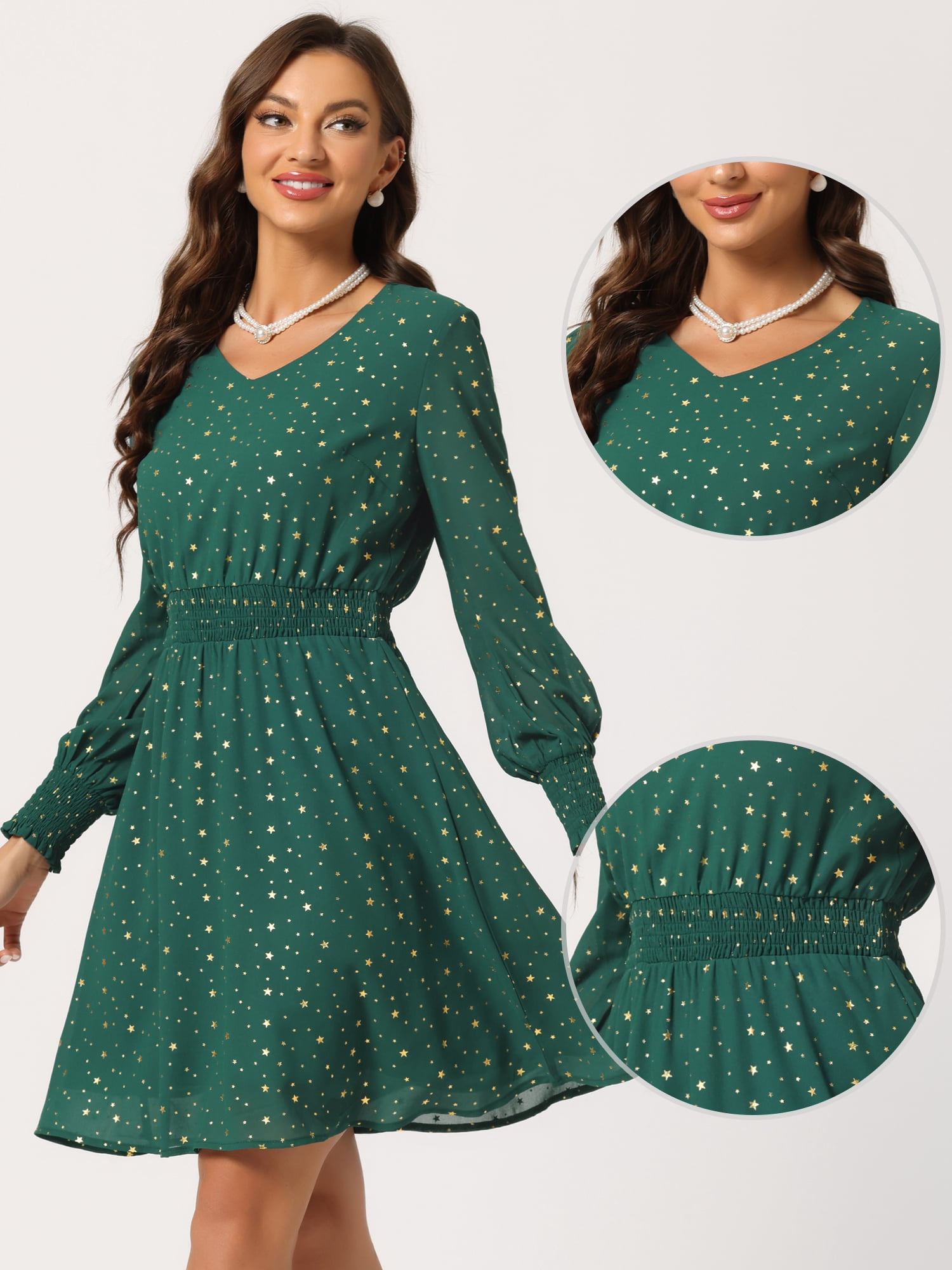 Unique Bargains Women's Smocked Waist Chiffon Long Sleeve Shiny Star Dress L Dark Green