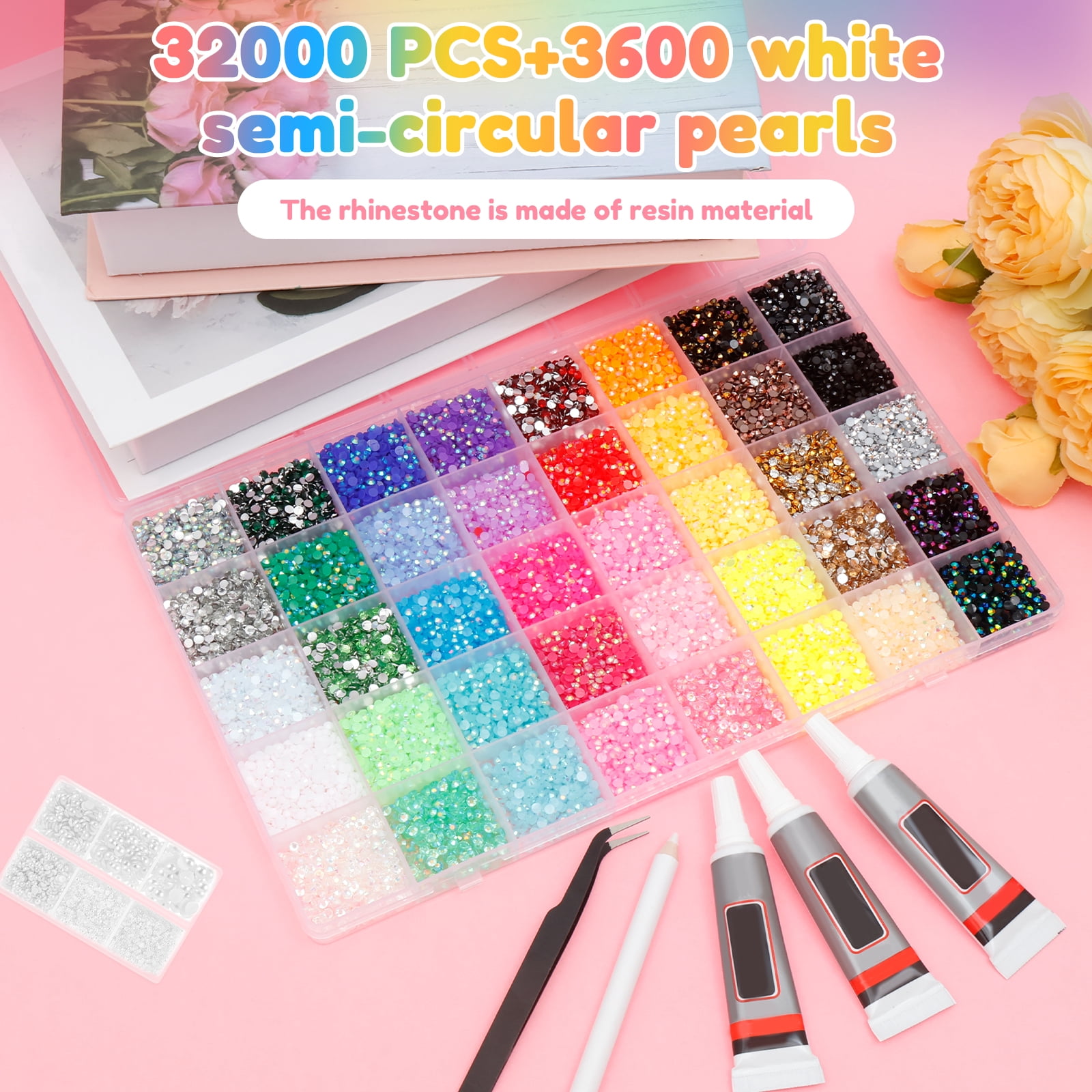 40 Colors Bedazzling Kit 3mm 32000 Jelly Rhinestone and 3600 White Half Round Pearl Bedazzle Kit for Decorating Shoe Clothes Nail Art