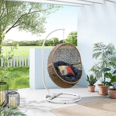 Modway Encase Outdoor Synthetic Rattan Swing Chair in Cappuccino/Navy