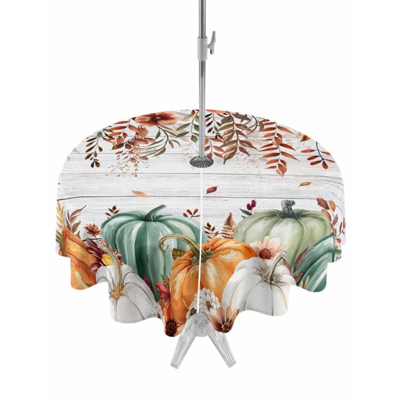 Outdoor Tablecloth with Umbrella Hole and Zipper, Green Orange Pumpkins Fall Round Table Cloth 60 Inch Waterproof Tablecloth, Botanical Thanksgiving Vintage Picnic Table Cover for Patio Camping