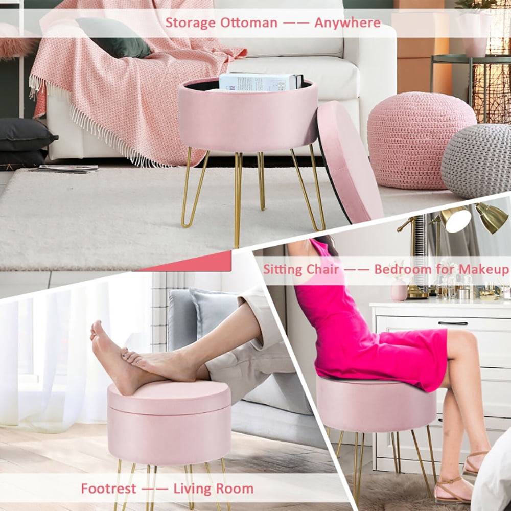 Finihen Round Velvet Storage Ottoman, Footrest Stool, Vanity Chair with Metal Legs, for Living Room, Bedroom, Pink Finihen Round Velvet Storage Ottoman, Footrest Stool, Vanity Chair with Metal Legs, for Living Room, Bedroom, Pink