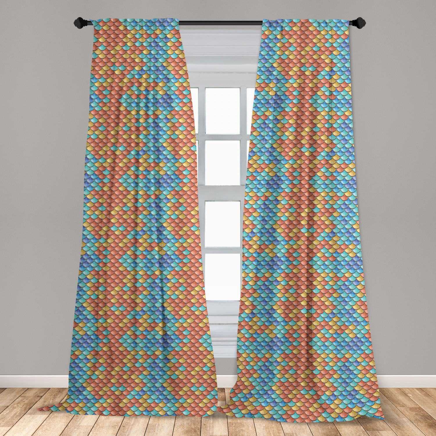 Fish Curtains 2 Panels Set, Maritime Animal Scales Pattern Abstract