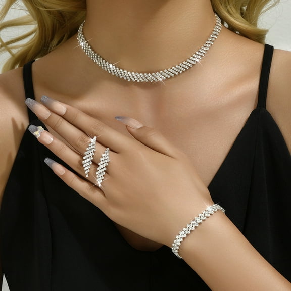 Faty-T Rhinestone Wedding Jewelry Set Silver Bridal Necklace Earrings Party Prom Costume Jewelry Accessories for Women