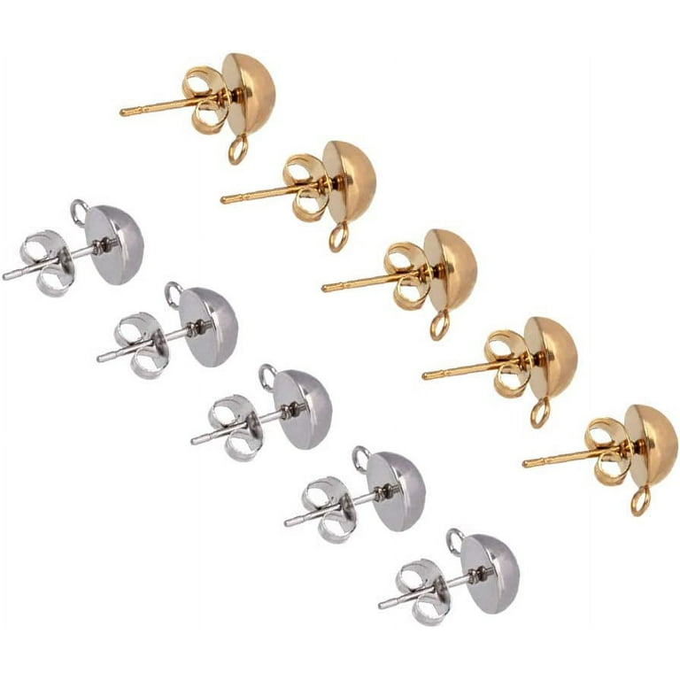 40pcs(20pairs) Stainless Steel Stud Earring Half Round Earrings Posts with Loop 0.8mm Pin Golden & Stainless Steel Color Earring Studs for Jewelry