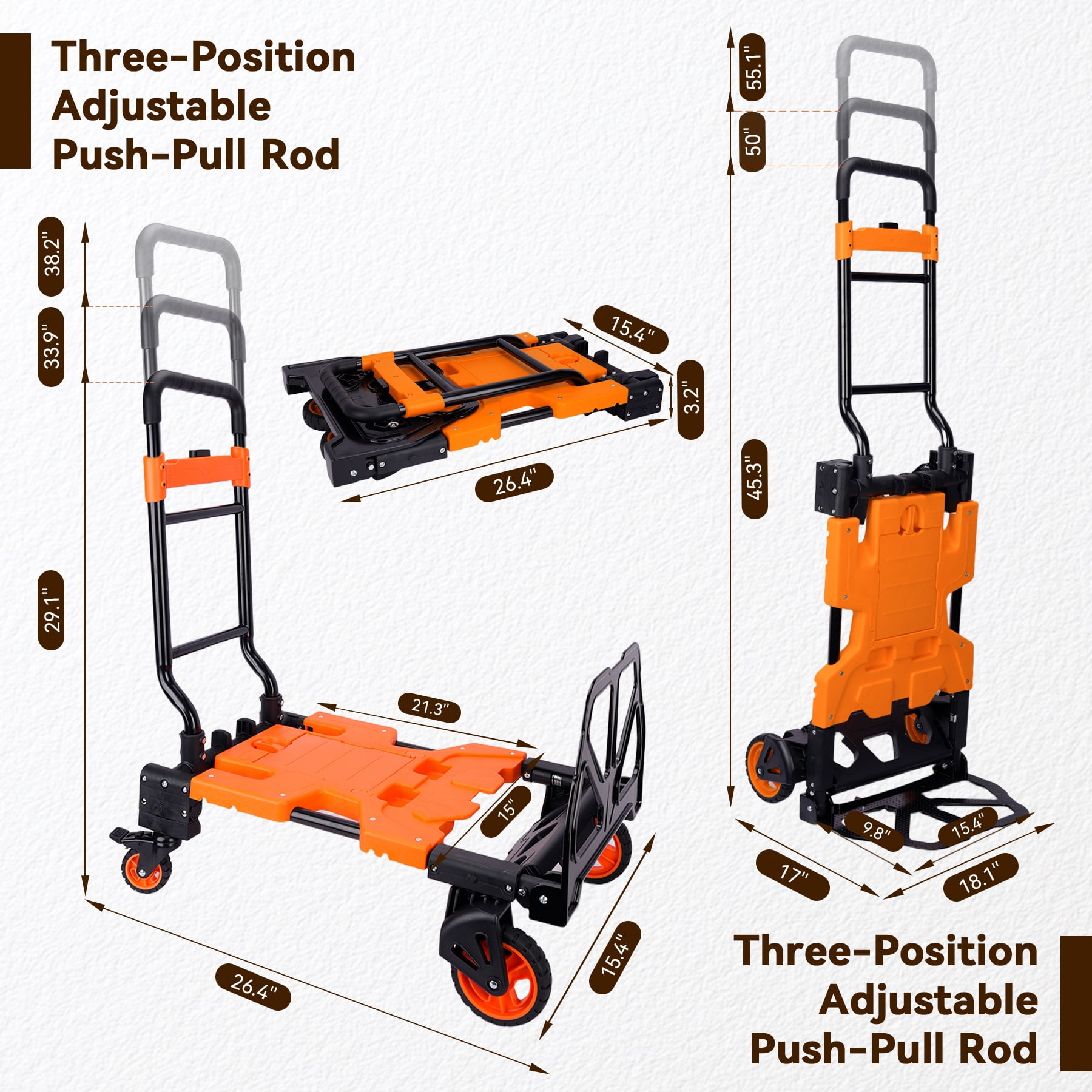220LB Folding Hand Truck Moving Dolly, Hand Trucks Heavy Duty Combination of 4 Wheels and 2 Wheels Convertible Dolly Cart with Retractable Handle Dolly for Moving Office Carts(Orange)