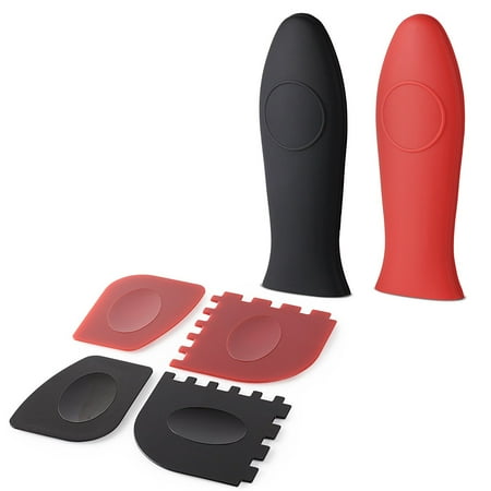 

Pack of 6 Polycarbonate Cast Iron Cleaners & Handle Covers - 2 Grill Pan Scrapers 2 Pan Scrapers & 2 Silicone Hot Handle Holders for Cast Iron Skillets Pans & Griddles Red & Black