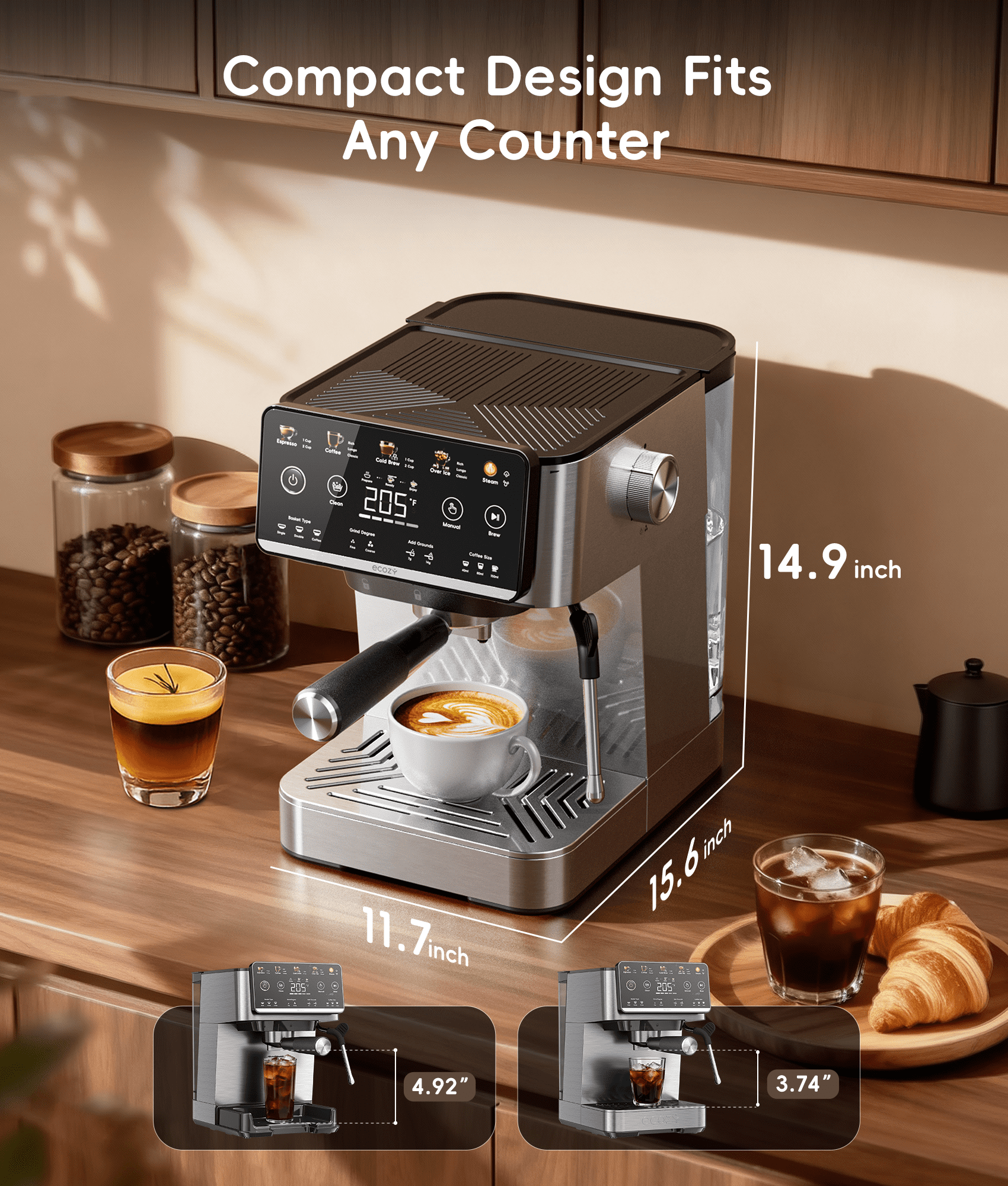 Ecozy Chillio 4 in 1 Espresso and Coffee Maker Combo with Milk Frother, Cold Brew & over Ice, Interactive Touch Screen, for Cappuccinos, Lattes, Americanos