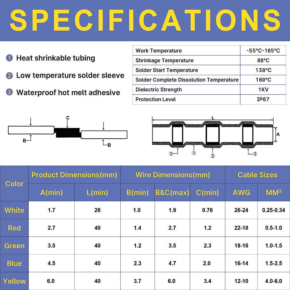 260pcs Waterproof Heat Shrink Wire Connectors Solder Seal Sleeve Butt Terminals
