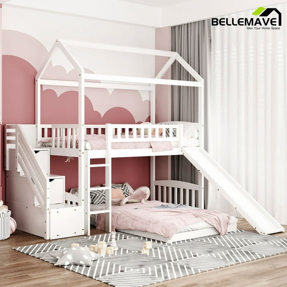 House Bunk Bed Twin over Twin, Twin Bunk Bed with Slide, Stairs, Ladder and Guardrail, Wood Bunk Bed, No Box Spring Needed(White)