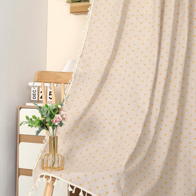 1 Pair Yellow Daisy Linen Curtains Rustic Country Style Light Filtering Rod Pocket Window Drapes Beige Tassels, 52" W x 72" L