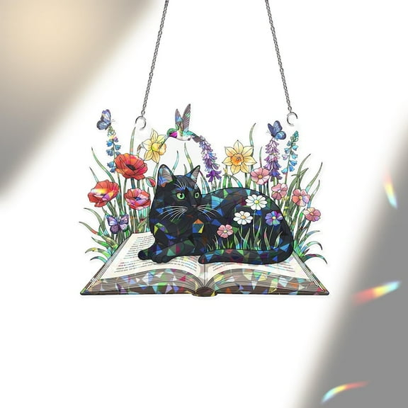ViciArt Black Cat Book Suncatcher – 4" Acrylic Hanging Stained Glass Window Ornament, Floral Butterfly Design, Rainbow Light Catcher, Boho Home Decor