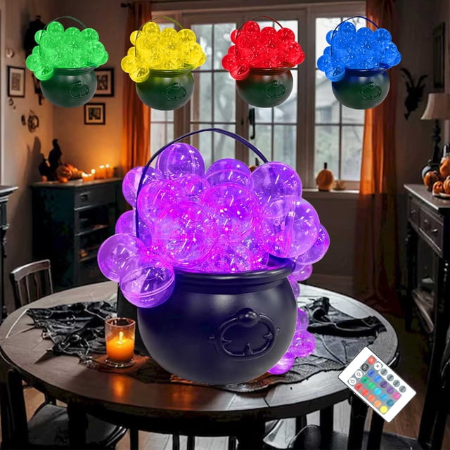 Set de ollas de frasco bruja Decoración luminosa de Halloween | Kit DIY para caldero burbujeante de 20 cm con luces LED controladas a distancia, adhesivo y adornos decorativos variados para