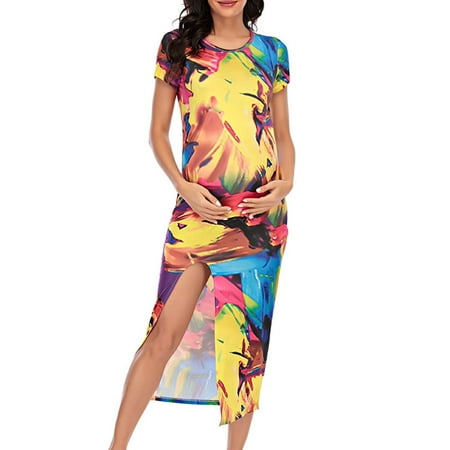 

asdoklhq Maternity Clothes for Women Clearance Plus Size Dress Round-neck Short-sleeved Printed Maternity Dress For Women