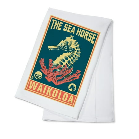 

Waikoloa Hawaii Seahorse Woodblock (Blue and Pink) (100% Cotton Tea Towel Decorative Hand Towel Kitchen and Home)